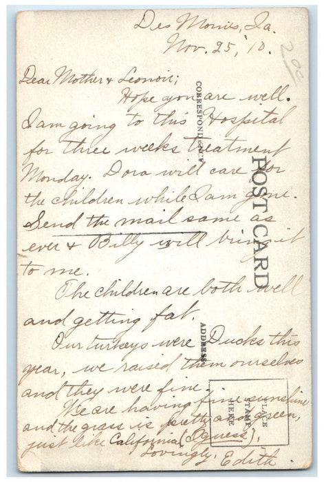 1910 3 Weeks Treatment Letter Mercy Hospital Des Moines Iowa IA Postcard