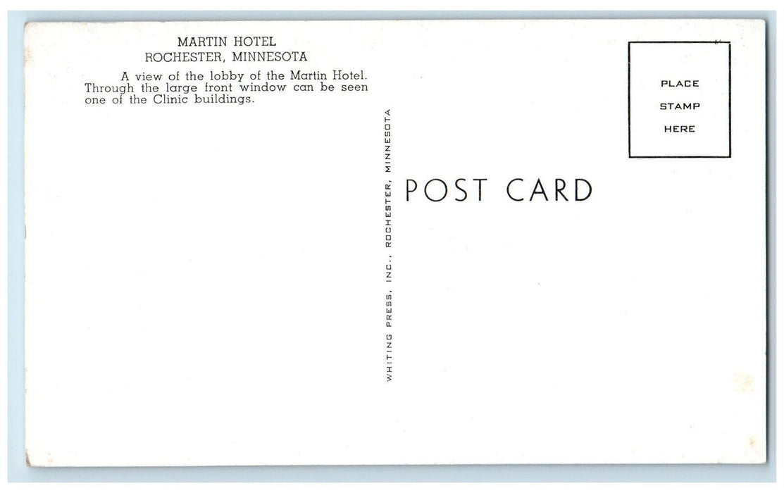 c1940s Hotel Martin Lobby Scene Rochester Minnesota MN Unposted Vintage Postcard