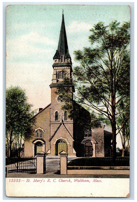 c1905 St. Mary's R. C. Church Street View Waltham Massachusetts MA Postcard