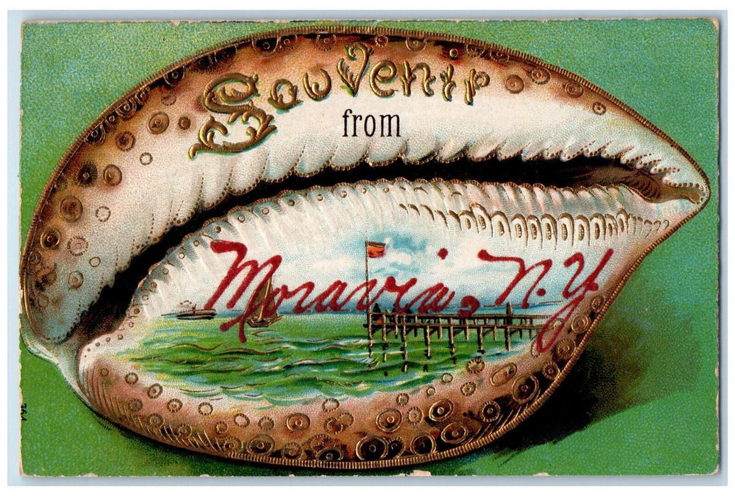 c1910 Big Shell Boat Landing Souvenir from Morris NY Embossed Postcard