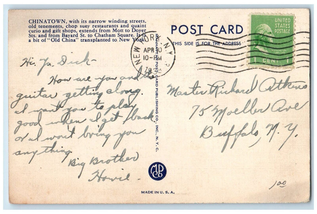 1939 Chinatown Mott To Doyer Bayard To Chatham Restaurant New York NY Postcard
