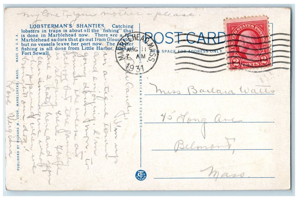 1931 Lobsterman's Shanties Houses Boats Marblehead Massachusetts MA Postcard