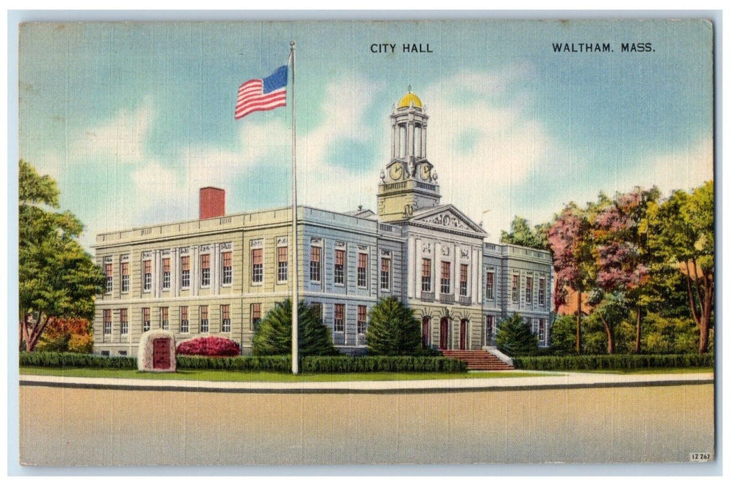 c1950's City Hall Building Street View Waltham Massachusetts MA Vintage Postcard