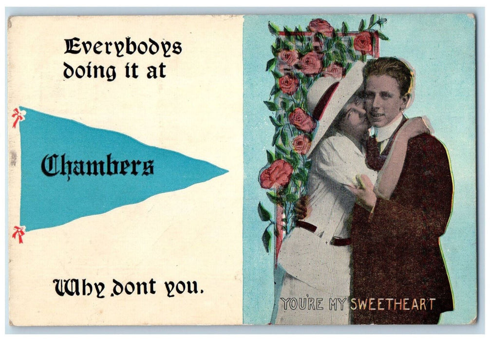 1914 Flower Background Couple Your My Sweetheart Chambers Pennant NY Postcard