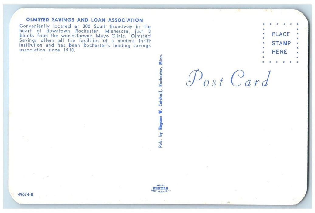 c1960's Olmsted Savings & Loan Association Rochester Minnesota Unposted Postcard