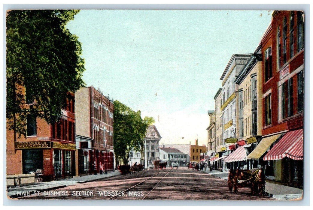 1909 Main Street Business Section Stores Webster MA, Canterbury CT Postcard