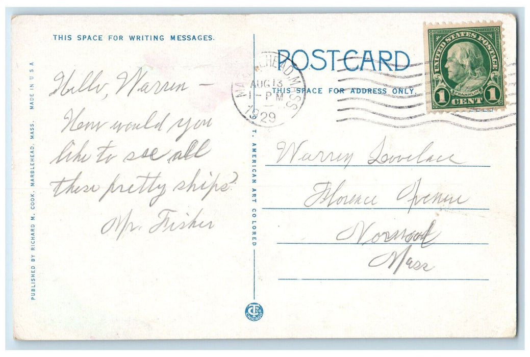 1929 Yachts in Marblehead Harbor Marblehead Massachusetts MA Posted Postcard