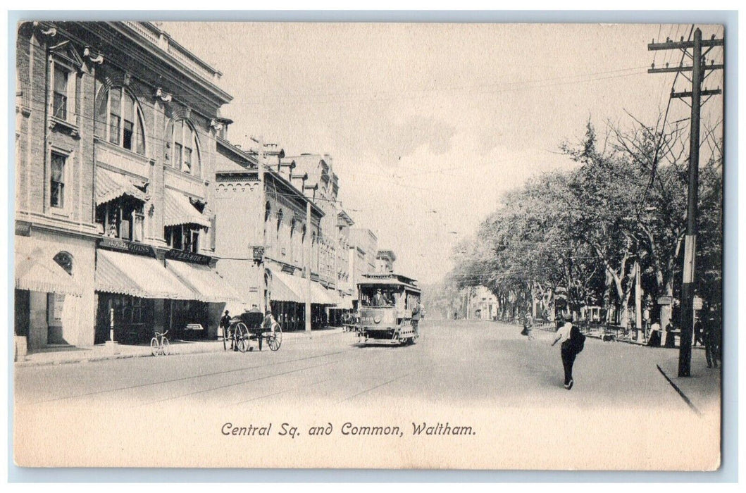 c1905 Central Square And Common Trolley Waltham Massachusetts MA Postcard