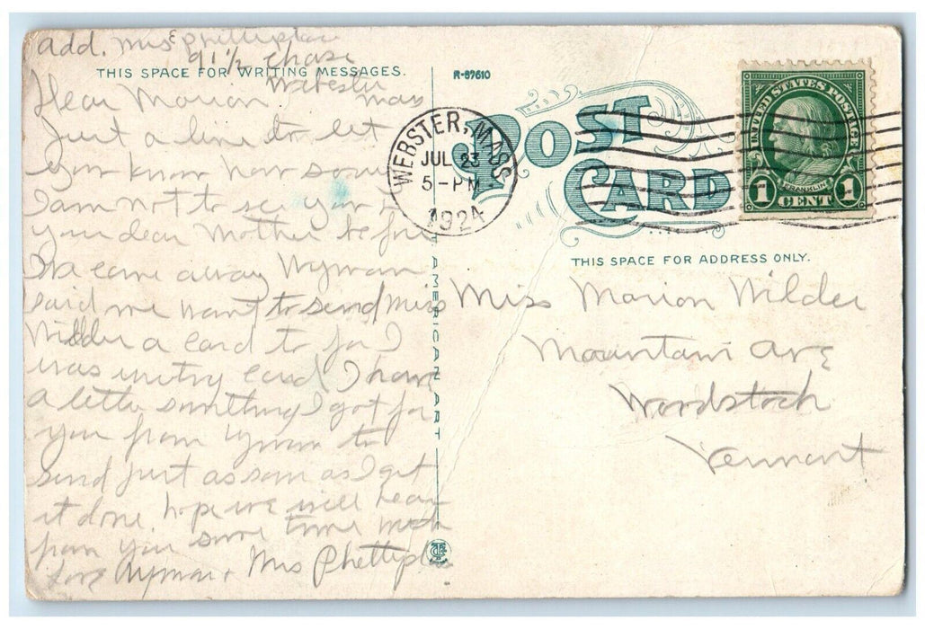 1924 Goat Island Lake Canoe Boat Webster Massachusetts MA Vintage Postcard