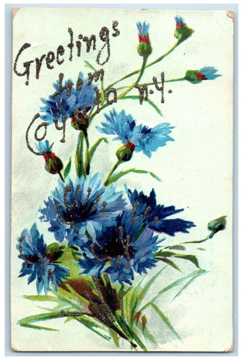 1907 Greetings from Cayuta New York NY Blue Flower Glitters Posted Postcard