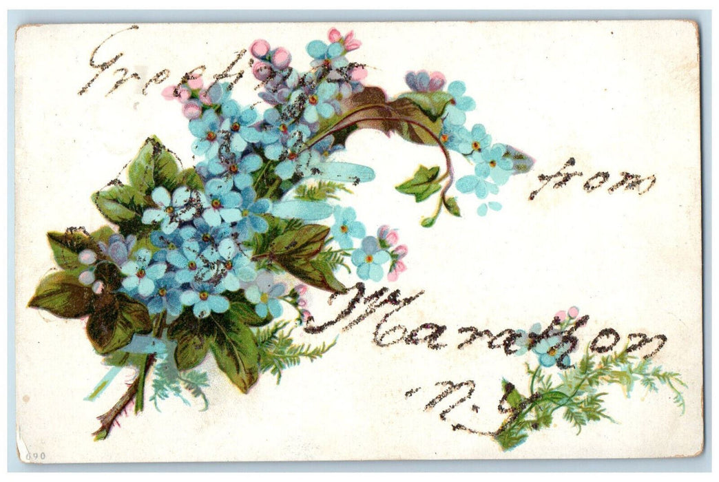 1906 Greetings from Marathon New York NY Blue and Pink Flowers Postcard