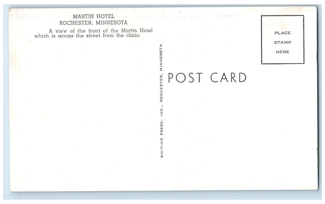 c1940's Hotel Martin Street Rochester Minnesota MN Unposted Vintage Postcard