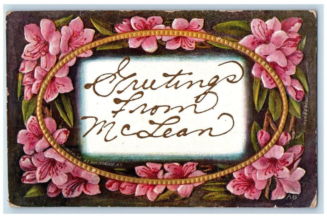 1908 Greetings from Mclean NY Pink Flowers Garland Series Embossed Postcard