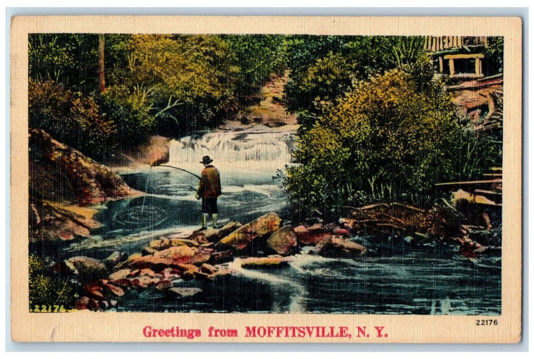 c1940's Fishing in River Greetings from Moffitsville New York NY Postcard