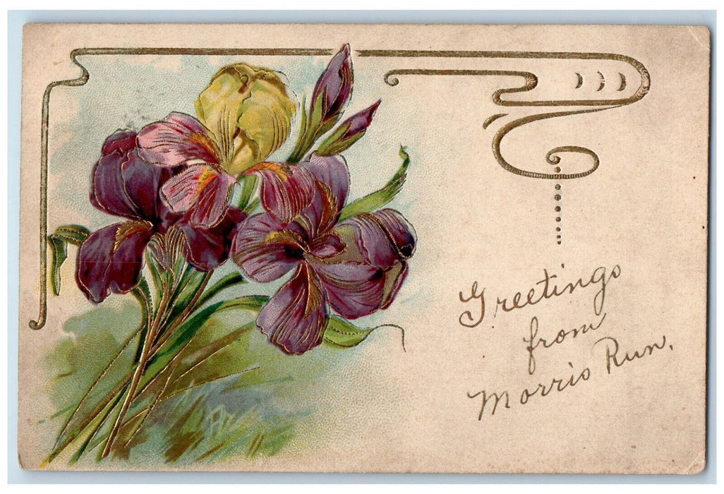 c1910 Greetings from Morris Run New York NY Flower Embossed Postcard