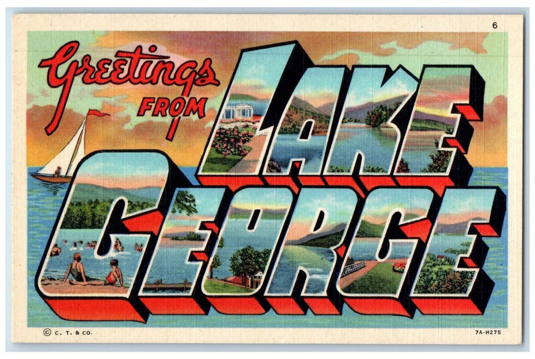 c1940's Greetings from Lake George New York NY Large Letter Multiview Postcard