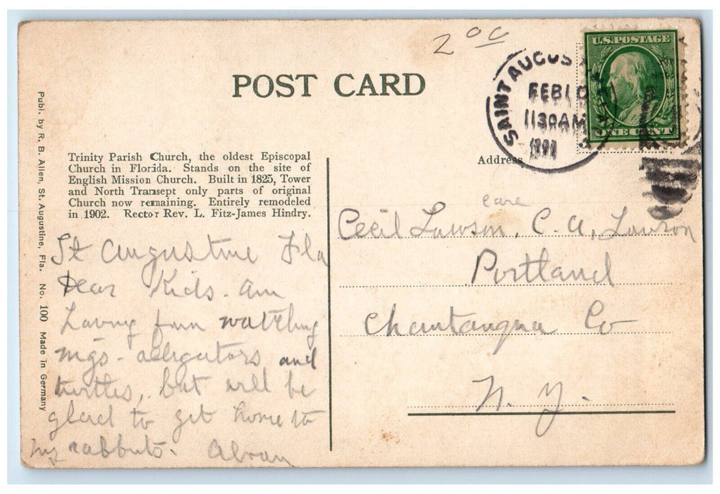 c1910 Trinity Parish Church St. Augustine Florida FL Antique Posted Postcard