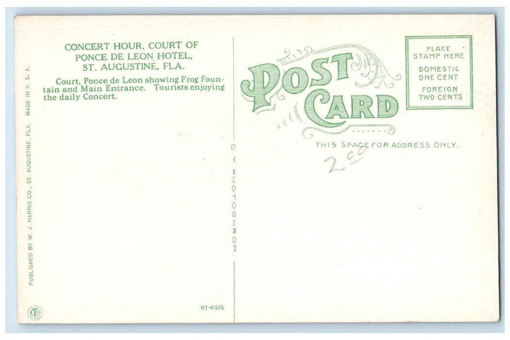 c1910 Concert Hour Court of Ponce De Leon Hotel St Augustine Florida FL Postcard