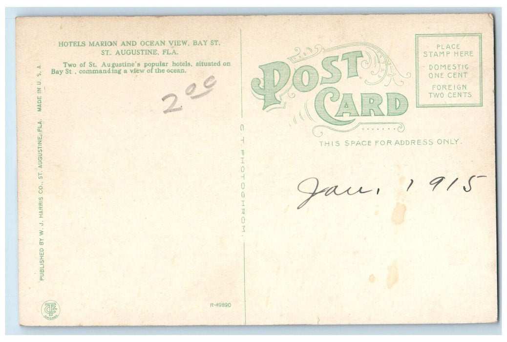 1915 Hotels Marion and Ocean View Bay Street St. Augustine Florida FL Postcard