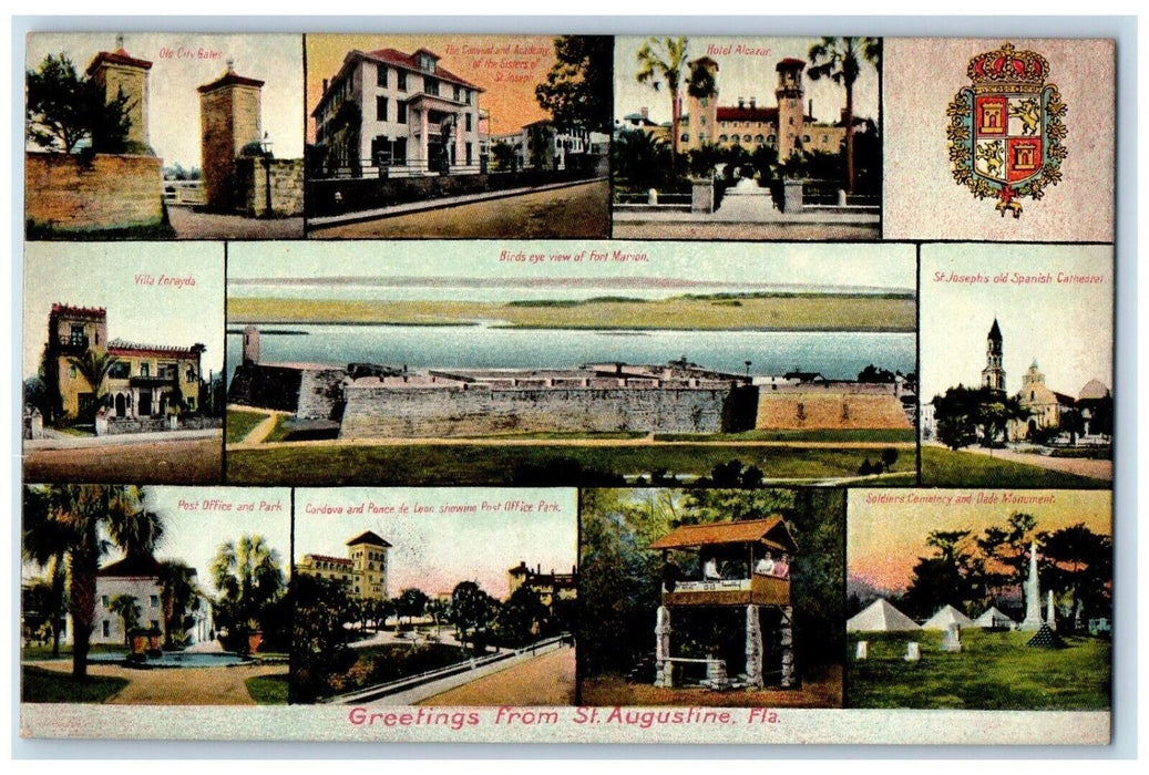 c1910 Greetings from St. Augustine Florida FL Antique Multiview Logo Postcard