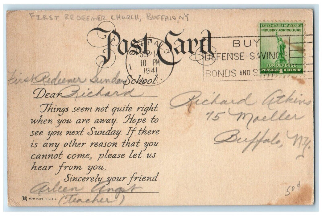 1941 Multiview Church School First Redeemer Church Buffalo New York NY Postcard