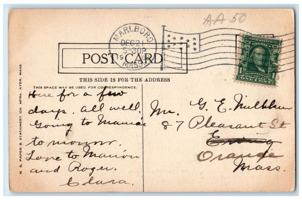 1908 Public Library Marlboro Massachusetts MA The Bridge Co Posted Postcard