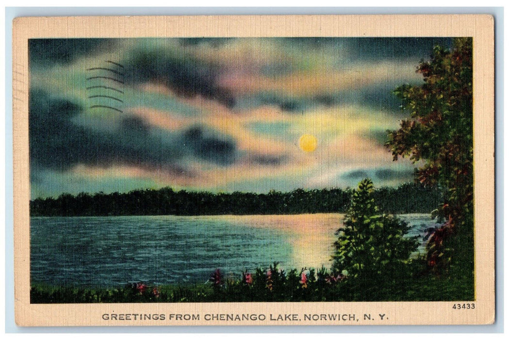 1946 Moonlight Greetings from Chenango Lake Norwich New York NY Postcard