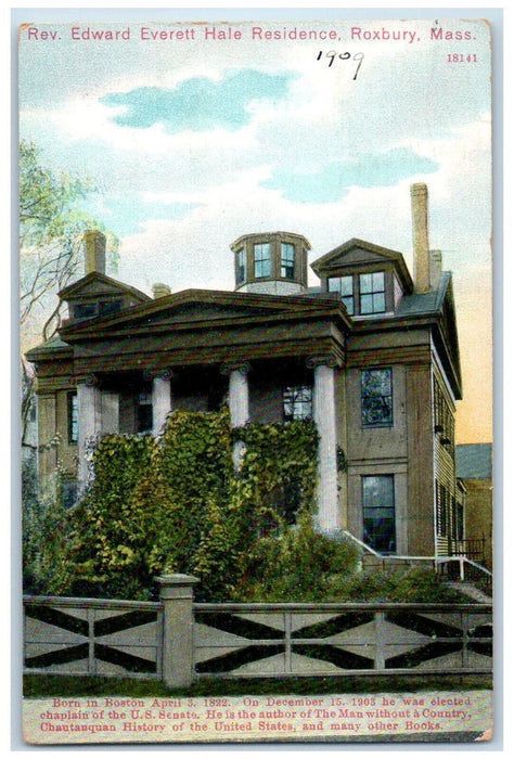1909 Rev. Edward Everett Hale Residence Roxbury Massachusetts MA Postcard