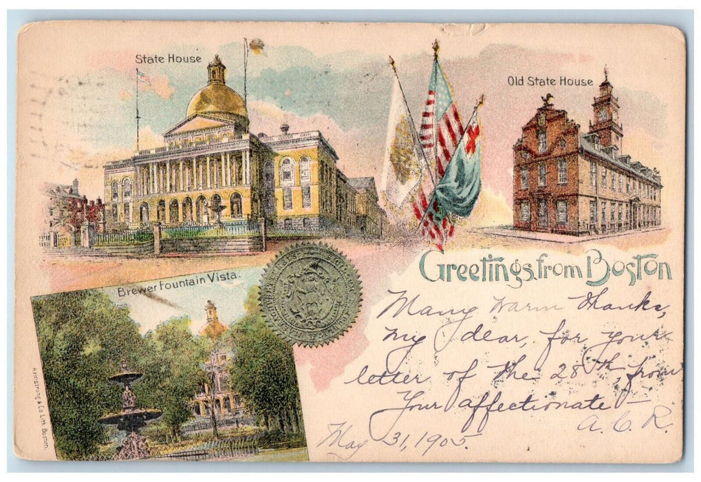 1905 Greetings from Boston Massachusetts MA Antique Multiview Postcard