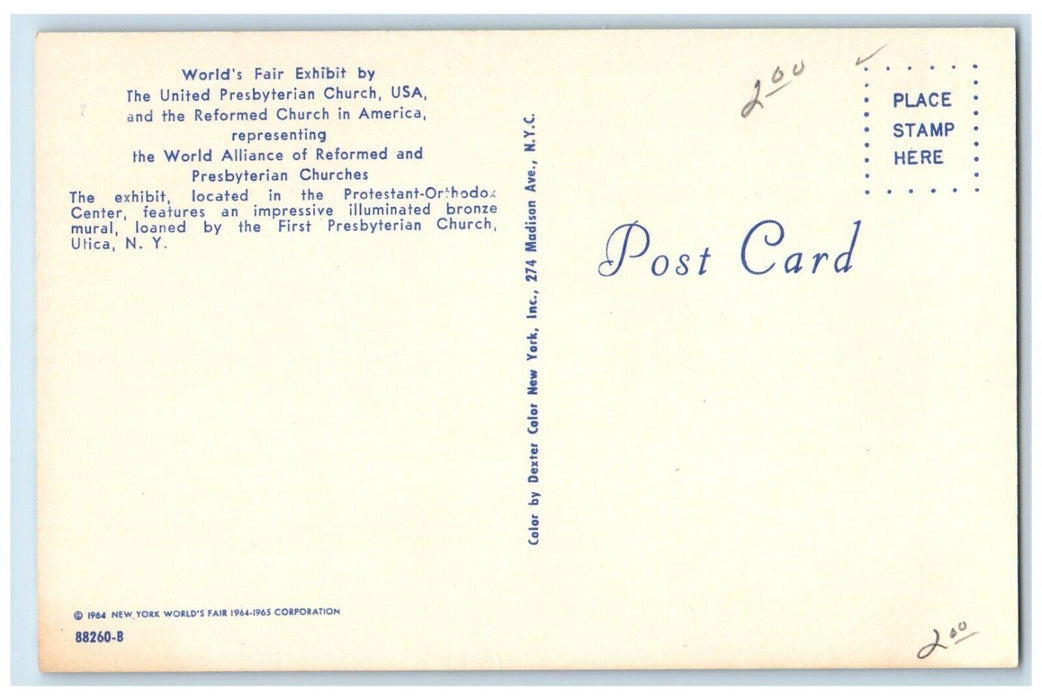 c1960 World's Fair Exhibit United Presbyterian Church Utica New York  Postcard