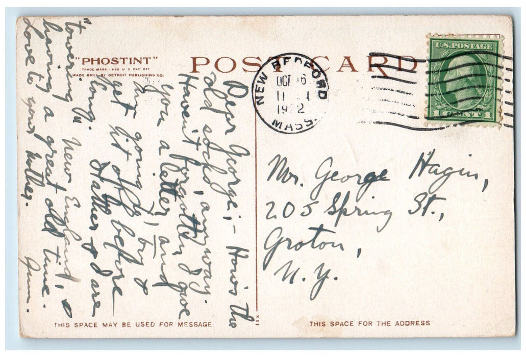 1922 The New Bedford Hotel New Bedford Massachusetts MA Phostint Postcard