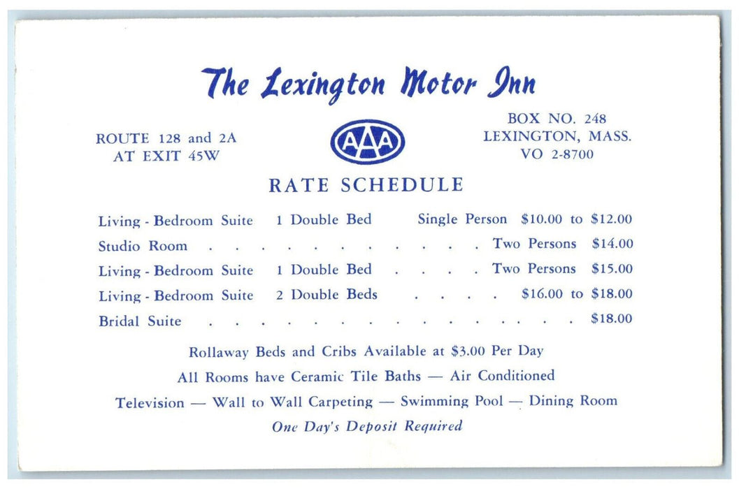 c1950's Rates of The Lexington Motor Inn Massachusetts MA Advertising Postcard