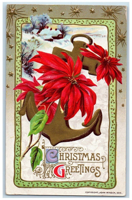 c1910's Christmas Greetings Poinsettia Flowers John Winsch Embossed Postcard