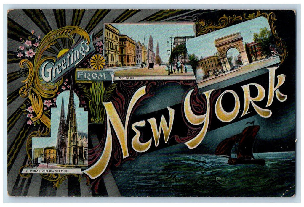 1908 Greetings from New York NY Prattsburg NY Multiview Posted Postcard