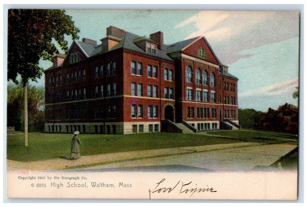 1908 High School Building Waltham Massachusetts MA Rotograph Antique Postcard