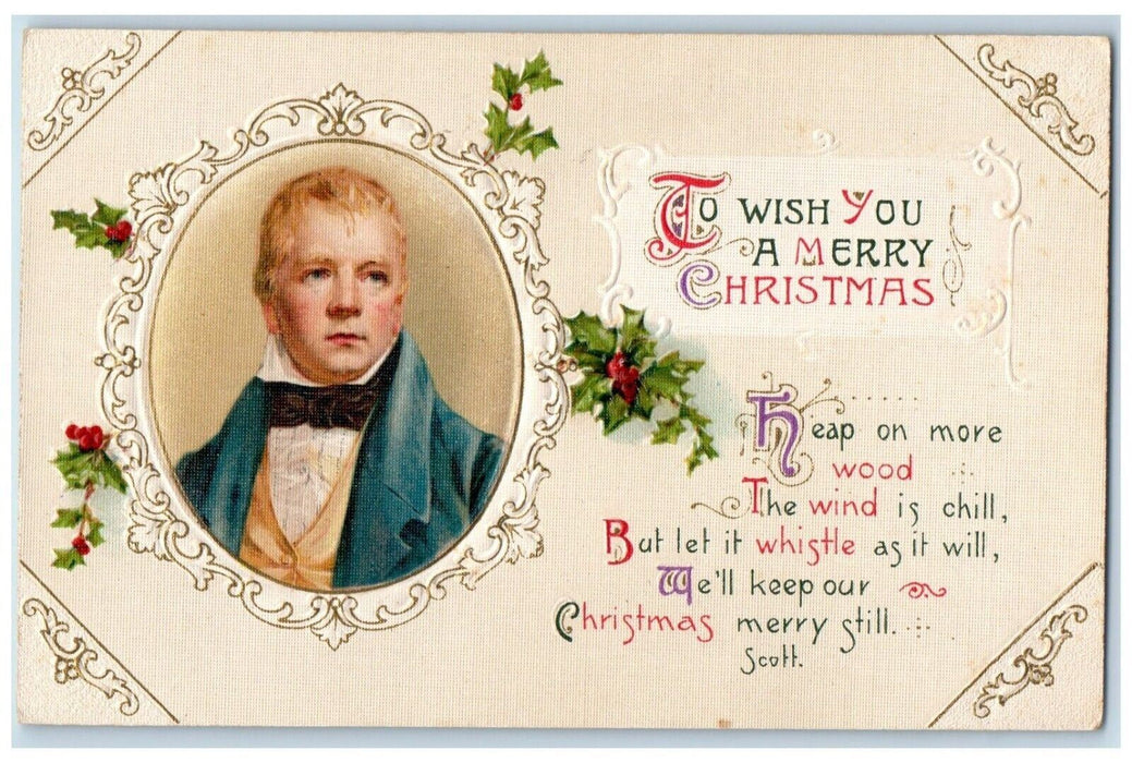 c1910's Christmas Poem Scott Studio Portrait Holly John Winsch Embossed Postcard