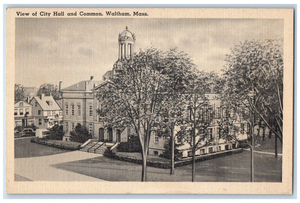 c1930's View Of City Hall And Common Waltham Massachusetts MA Vintage Postcard