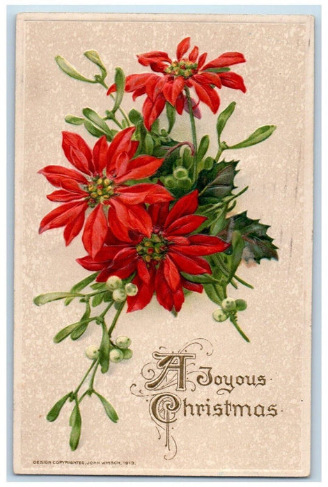 1914 Christmas Holly Poinsettia Flowers John Winsch Artist Signed Postcard