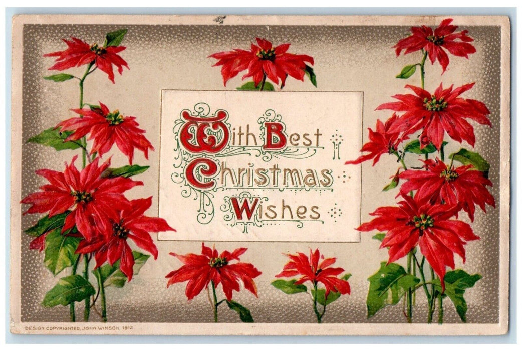 c1910's Christmas Wishes Poinsettia Flowers John Winsch Artist Signed Postcard