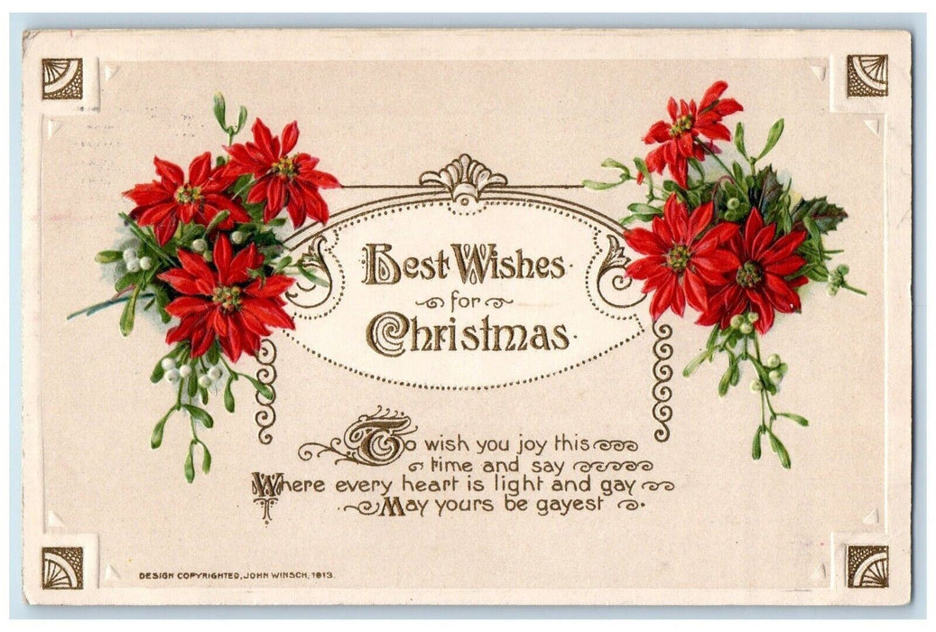 1913 Christmas Poinsettia Flowers Poem John Winsch Artist Signed Posted Postcard