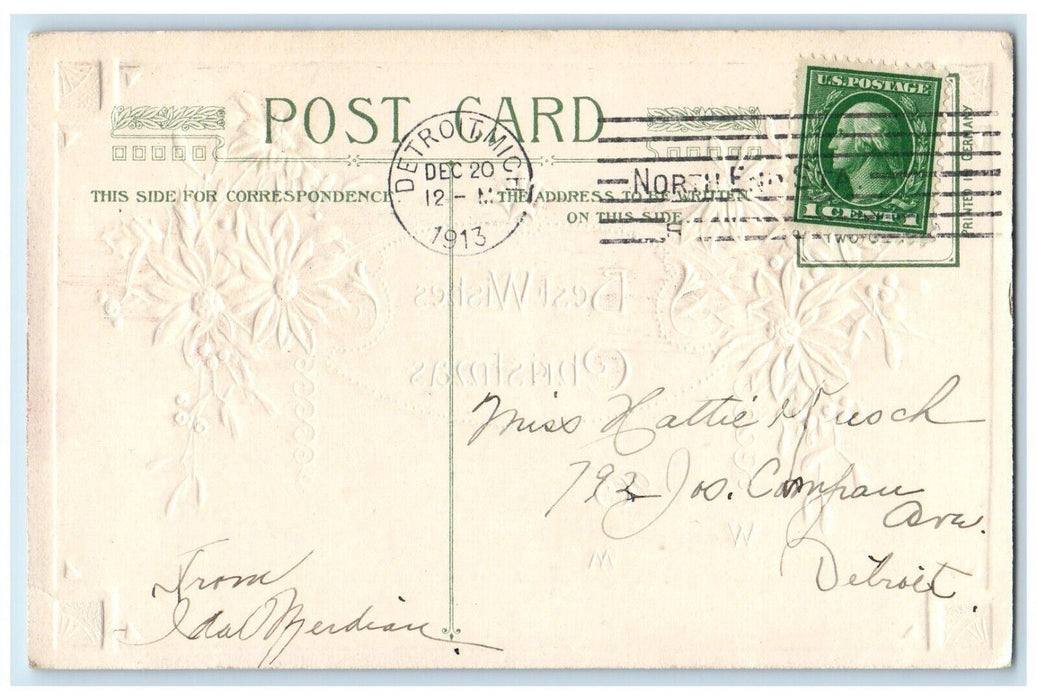 1913 Christmas Poinsettia Flowers Poem John Winsch Artist Signed Posted Postcard