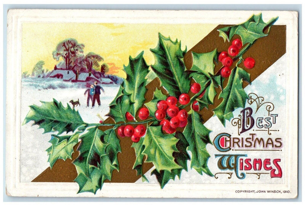 1918 Christmas Holly Berries Boys Dachshund Dog John Winsch Embossed Postcard