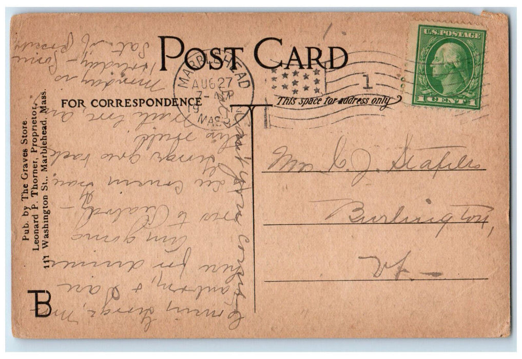 1912 USA Flag Adams House Marblehead Massachusetts MA Antique Postcard
