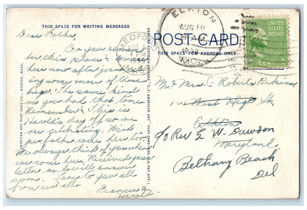 1939 Adams House Marblehead Massachusetts MA Elkton Maryland MD Postcard