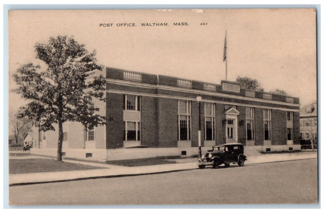 c1910's Post Office Building Car Street View Waltham Massachusetts MA Postcard