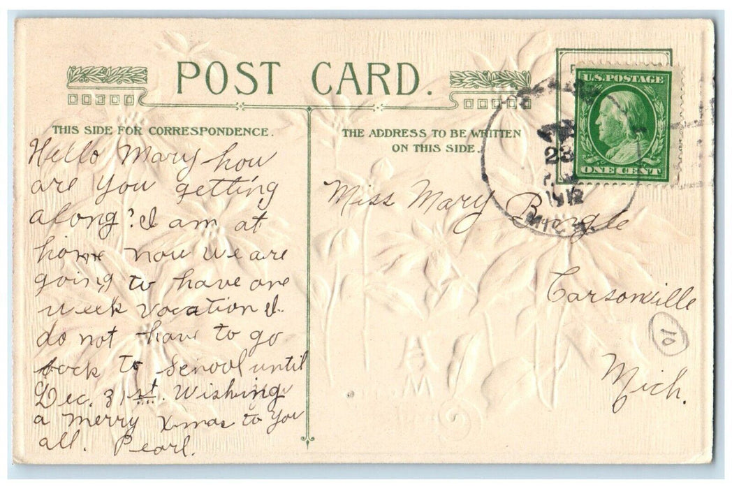 1912 Christmas Poinsettia Flowers John Winsch Artist Signed Embossed Postcard