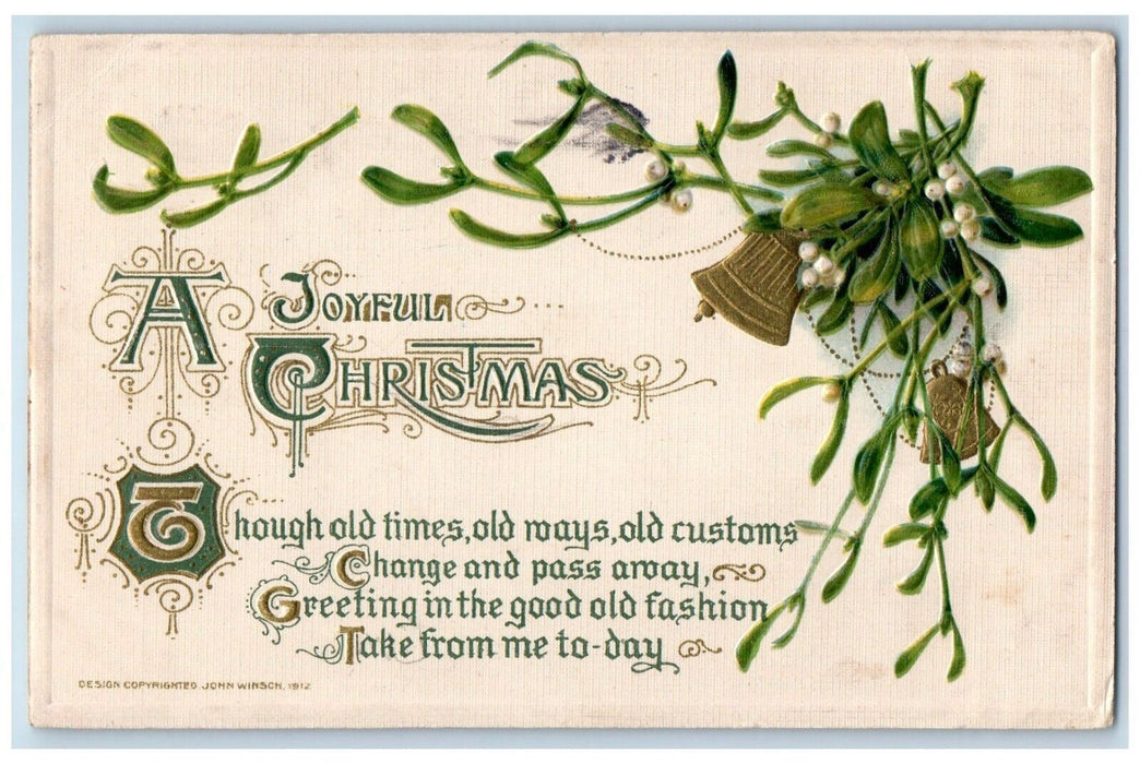 c1910's Christmas Poem Holly Bells John Winsch Artist Signed Embossed Postcard