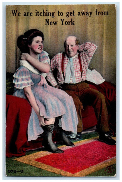 c1910 Weird Humor Couple We Are Itching to Get Away from New York NY Postcard