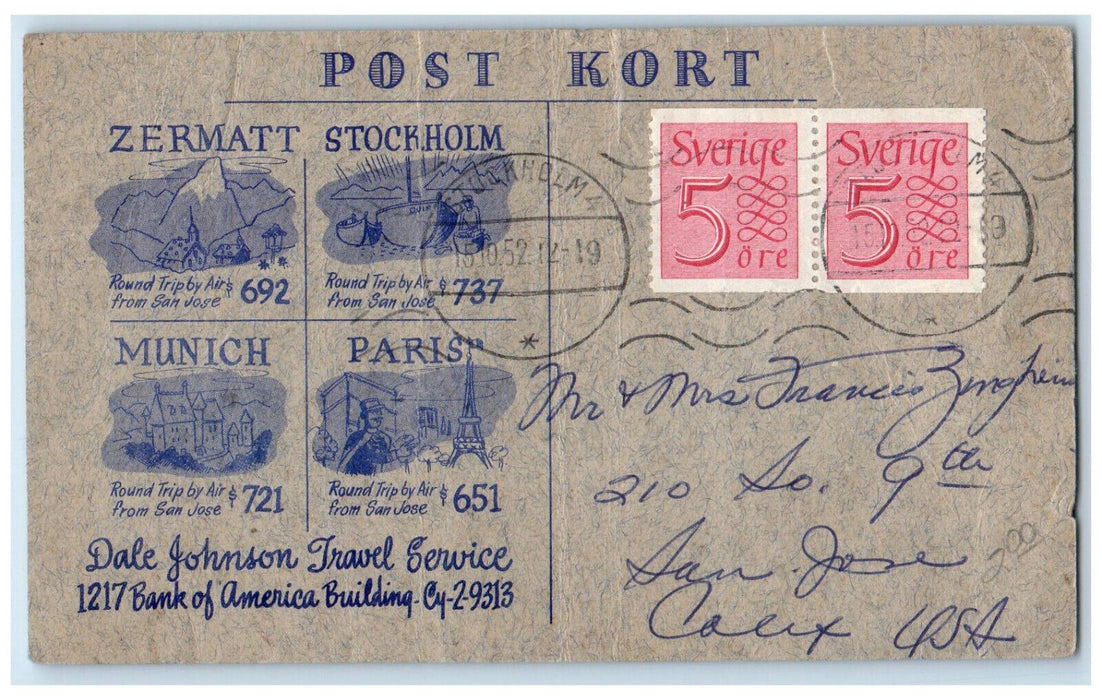 c1950's Dale Johnson Travel Service Stockholm Sweden Posted Vintage Postcard