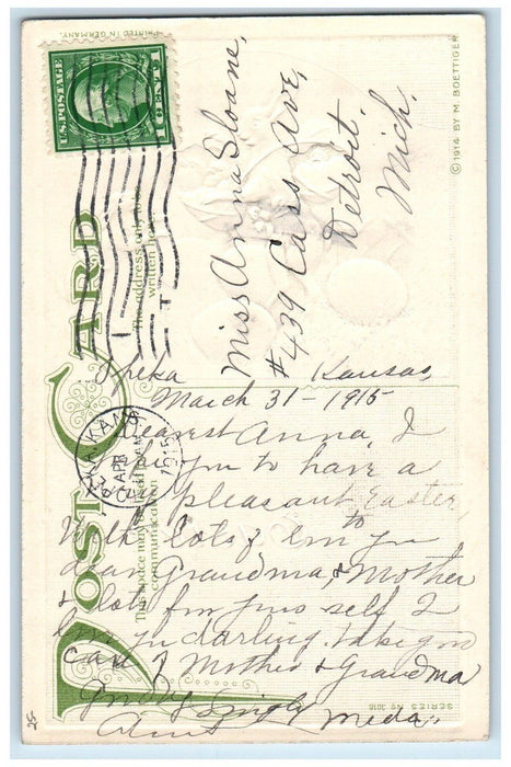 1915 Easter Anthropomorphic Rabbit Hatched Eggs Chick Topeka Kansas KS Postcard